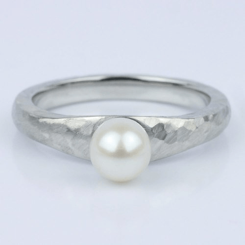 Custom Pearl Solitaire Engagement Ring in a Hammered Finish