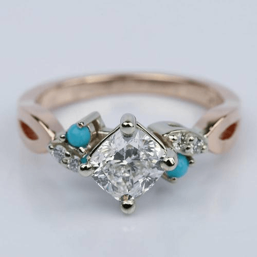 Turquoise Accented Two-Tone Cushion Diamond Engagement Ring