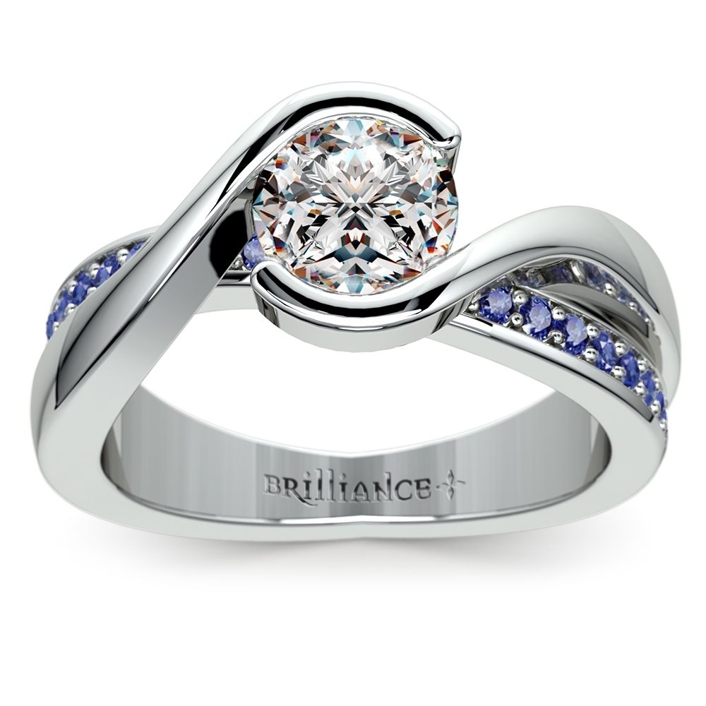 Bezel Sapphire Gemstone Bridge Engagement Ring in White Gold