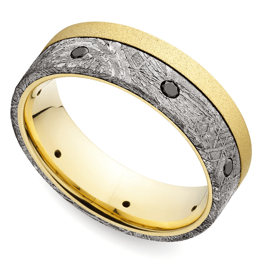 Black Diamond Men’s Wedding Ring with Meteorite Inlay in Yellow Gold
