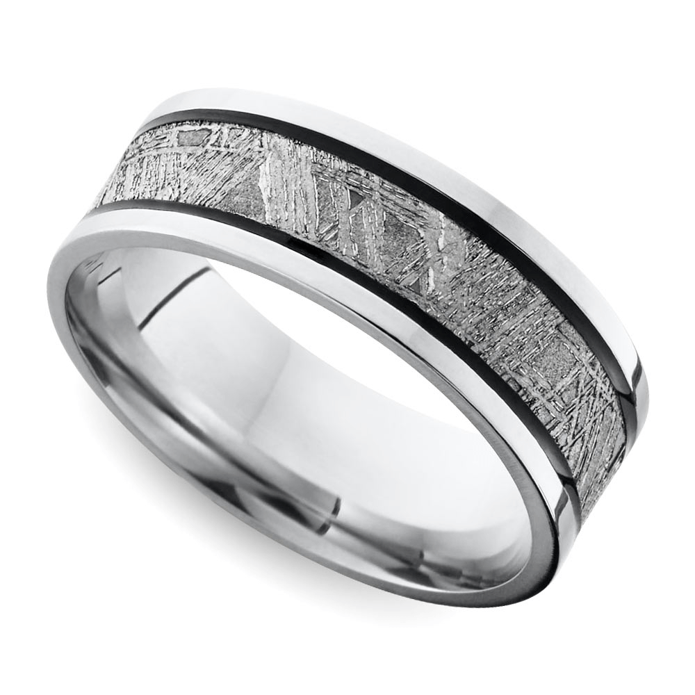 Antiqued Flat Men’s Wedding Ring with Meteorite Inlay in Cobalt