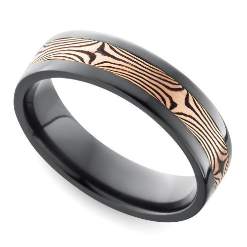 Flat Men’s Wedding Ring with Mokume Inlay in Zirconium