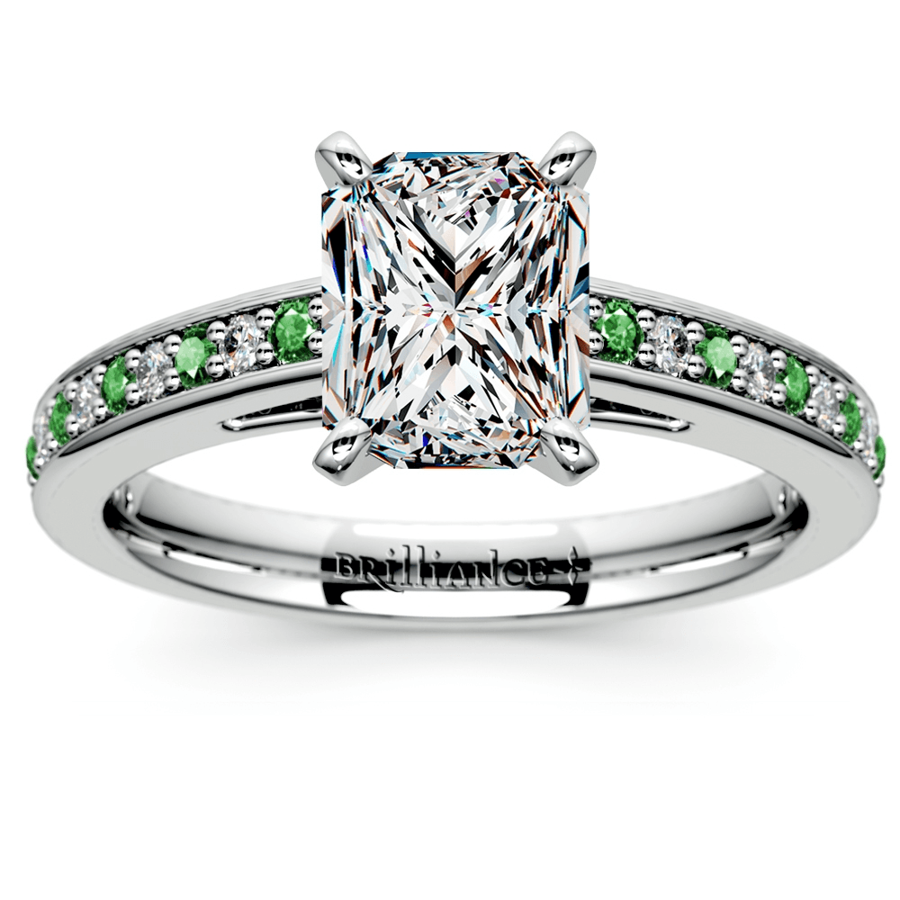 Cathedral Diamond & Emerald Gemstone Engagement Ring in White Gold