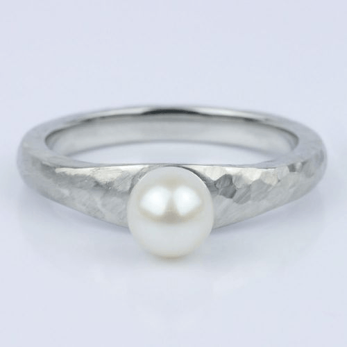 Custom Pearl Solitaire Ring in Hammered Finish
