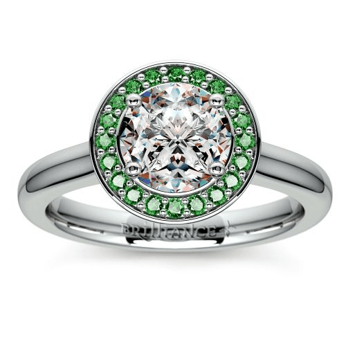 Halo Emerald Gemstone Engagement Ring in Platinum