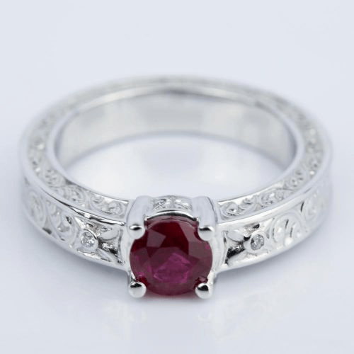 Vintage Hand-Engraved Ruby and Diamond Engagement Ring