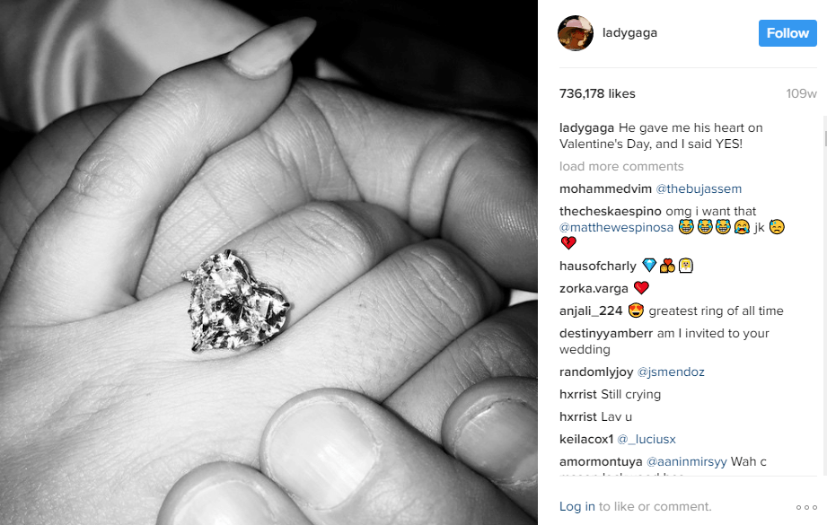 Lady Gaga’s stunning heart cut diamond engagement ring on her Instagram