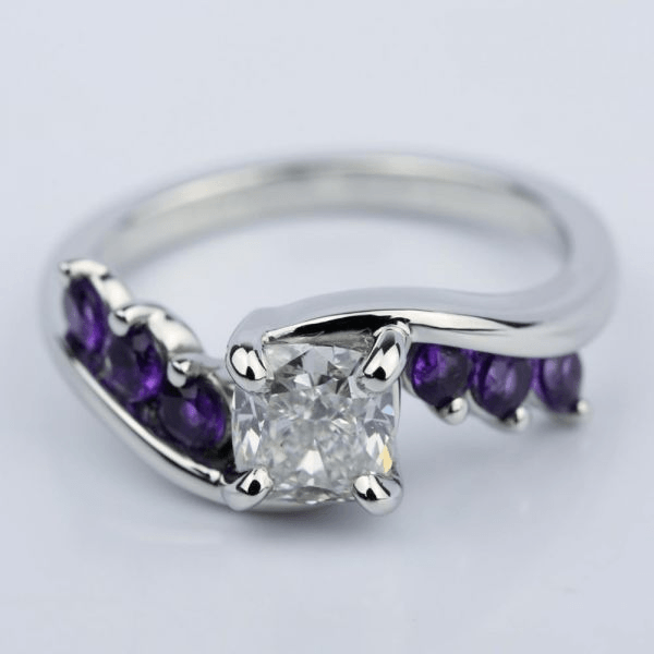 Swirl Style Amethyst Engagement Ring with Cushion Diamond