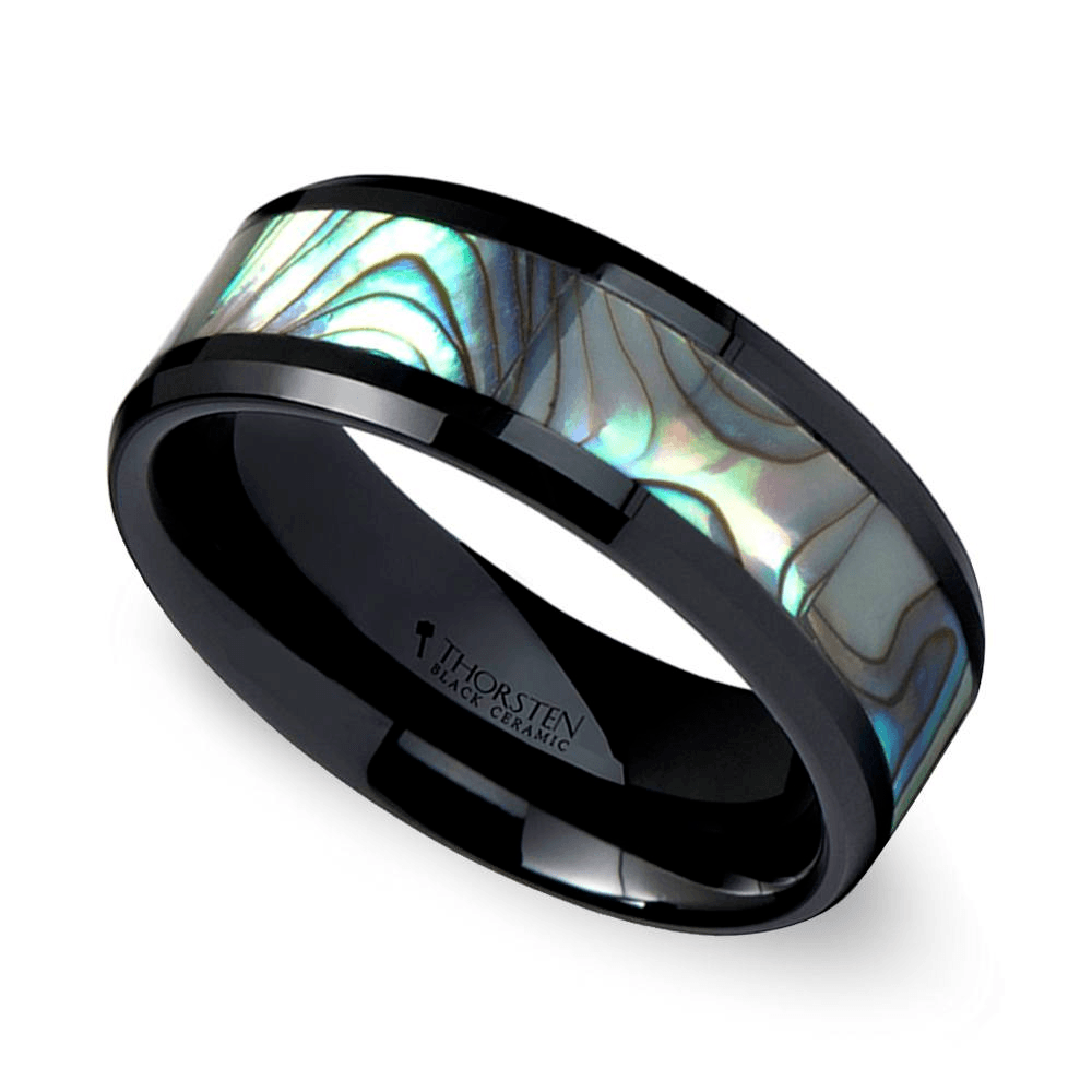 Beveled Men's Wedding Ring With Shell Inlay In Black Ceramic