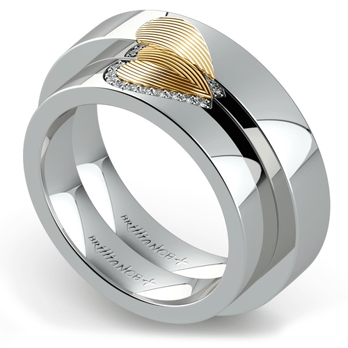 Matching Heart Fingerprint Inlay Wedding Ring Set in Platinum and Yellow Gold