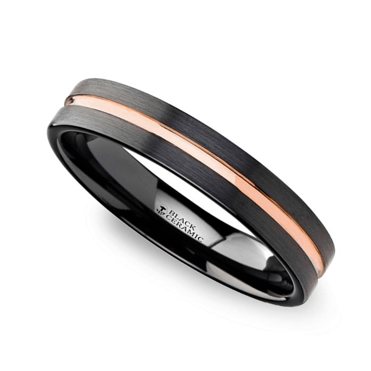 Black Ceramic Wedding Ring with Rose Gold Groove