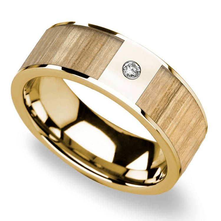 Ash Wood Inlay Men’s Wedding Ring in Yellow Gold with Diamond Accent