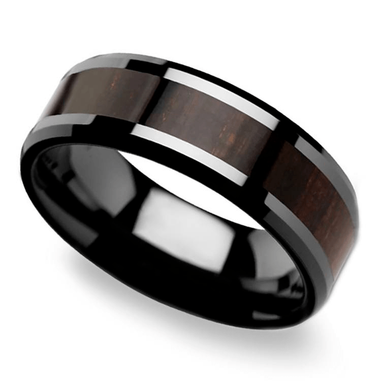 Black Ebony Wood Inlay Men’s Beveled Ring in Black Ceramic