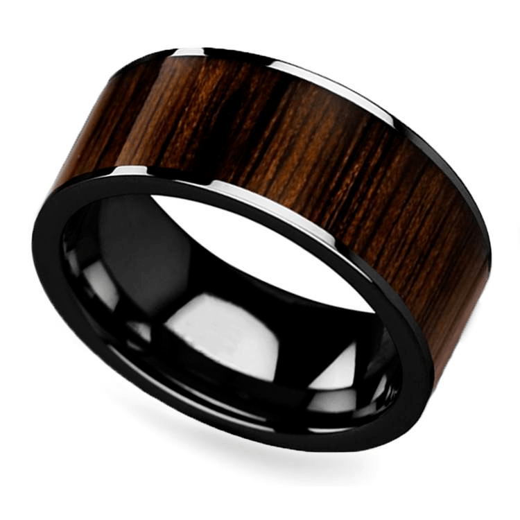 Black Walnut Wood Inlay Men’s Ring in Black Ceramic