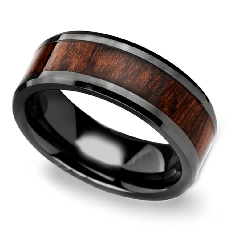 Carpathian Wood Inlay Men’s Wedding Ring in Black Ceramic