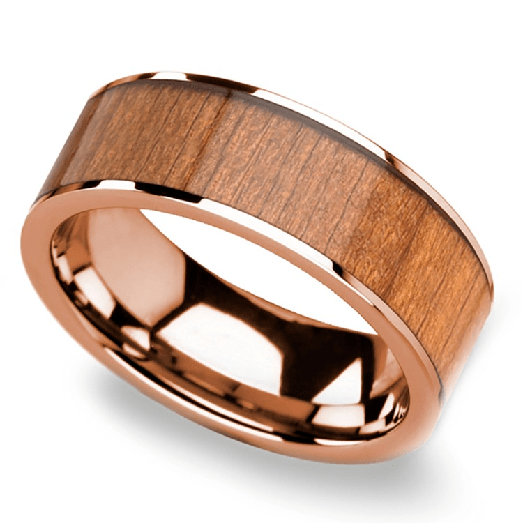Cherry Wood Inlay Men’s Flat Wedding Ring in Rose Gold