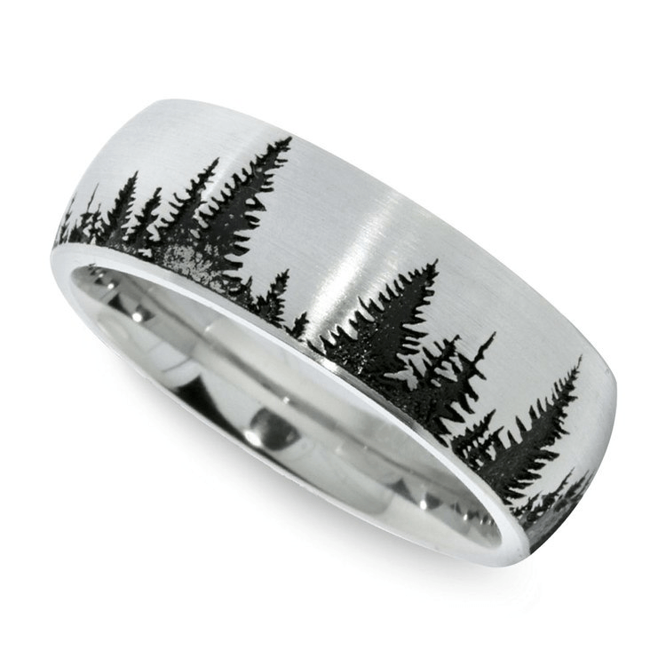 Laser Carved Pine Tree Pattern Men’s Wedding Ring in Cobalt