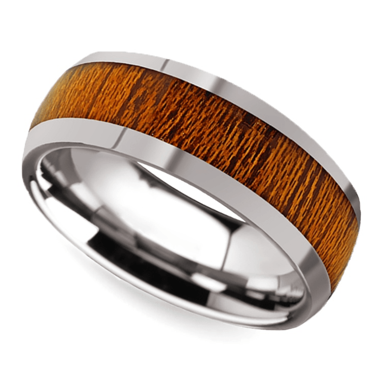 Mahogany Wood Inlay Men’s Domed Wedding Ring in Tungsten