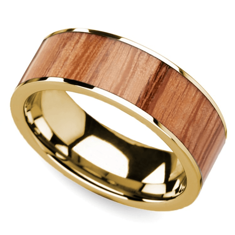 Red Oak Wood Inlay Men’s Wedding Ring in Yellow Gold