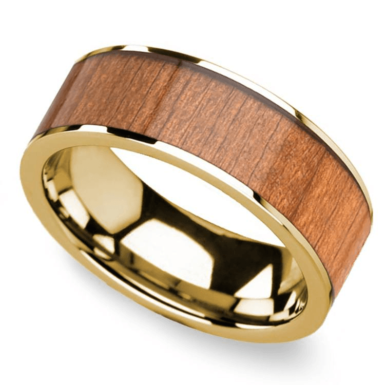 Sapele Wood Inlay Men’s Flat Wedding Ring in Yellow Gold