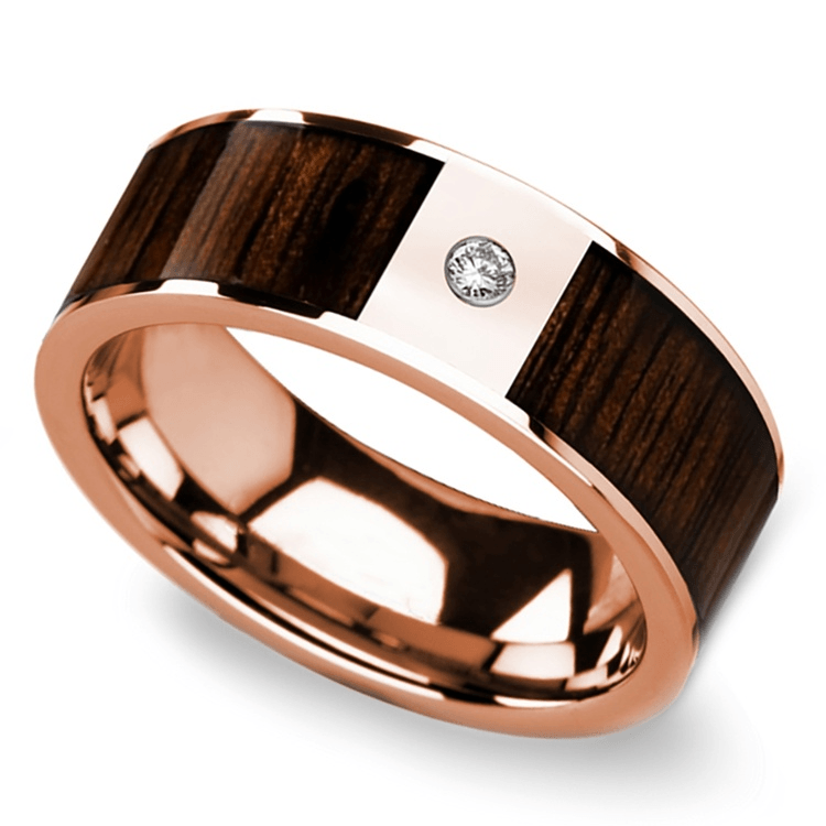 Black Walnut Wood Inlay Men’s Wedding Ring with Diamond in Rose Gold