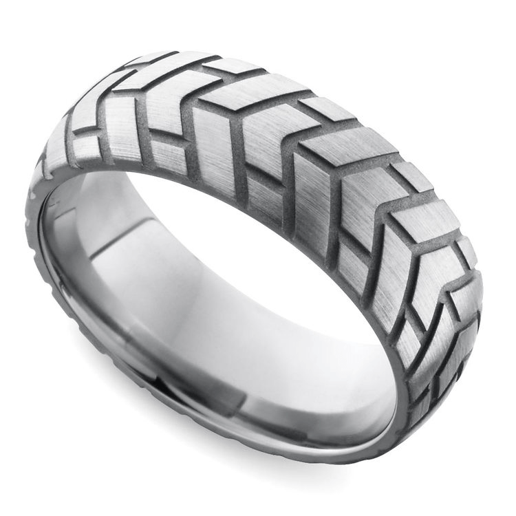 Satin Finish Tire Tread Men's Wedding Ring In Titanium
