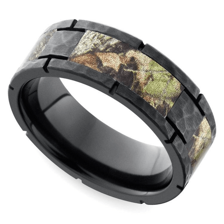 Segmented Camo Inlay Hammered Men's Ring In Zirconium