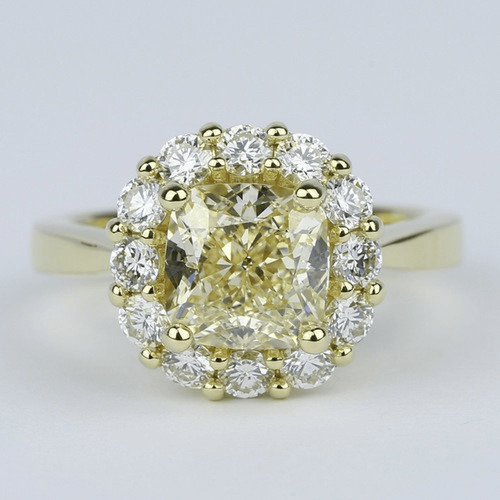 Fancy Yellow Cushion Diamond Engagement Ring with Floral Halo