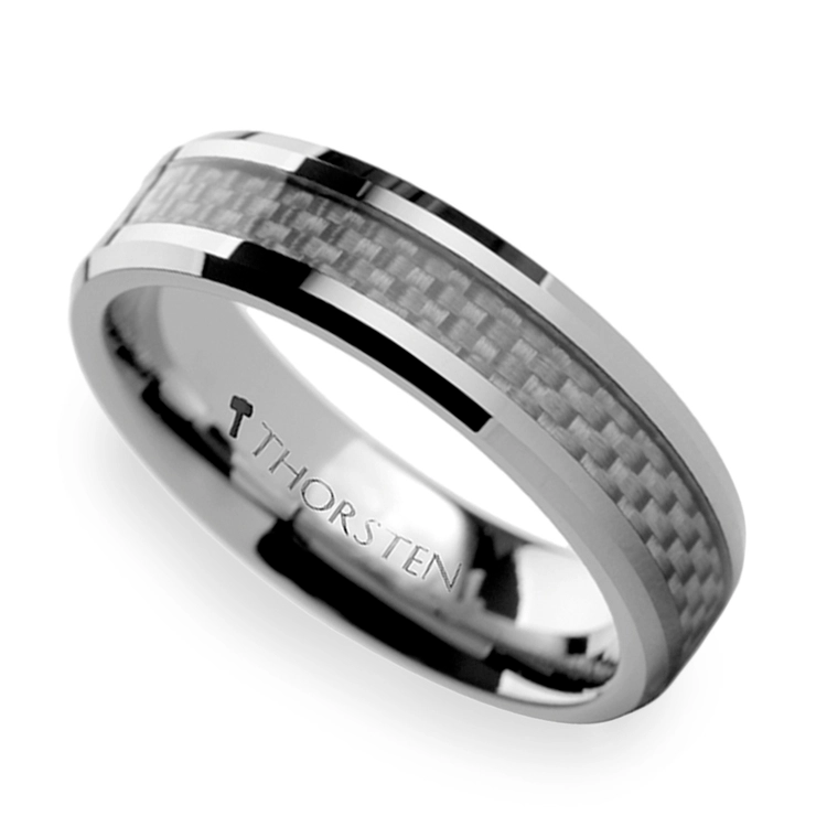 Beveled Tungsten Men’s Ring with White Carbon Fiber Inlay