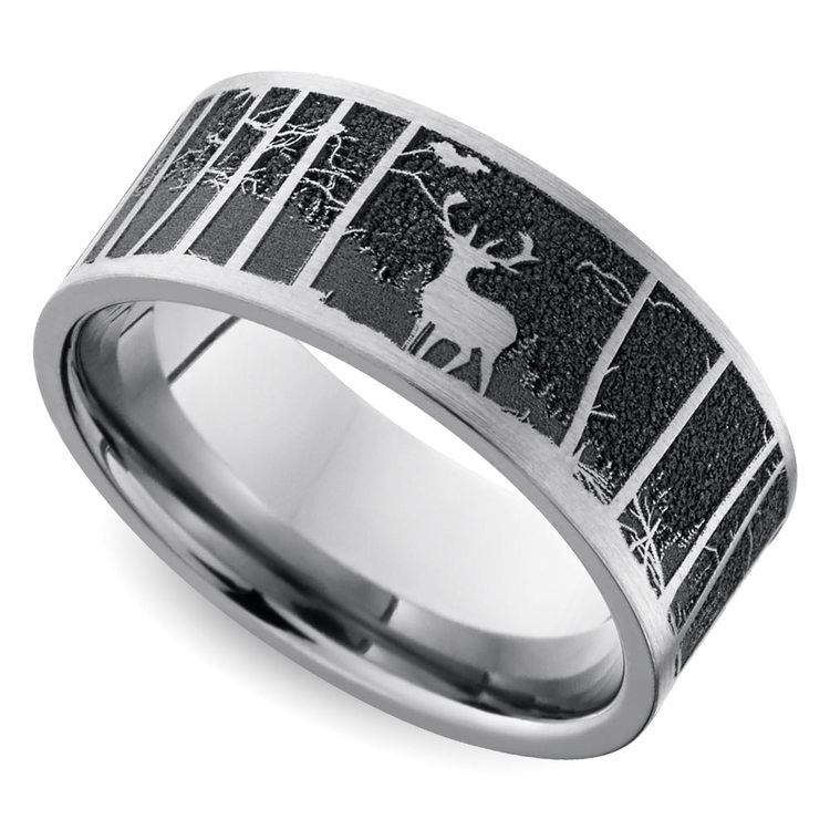 Laser Carved Mountain Themed Men’s Wedding Ring in Titanium