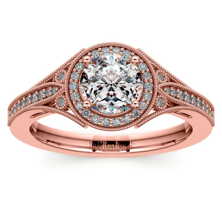 Art Deco Halo Diamond Engagement Ring In Rose Gold