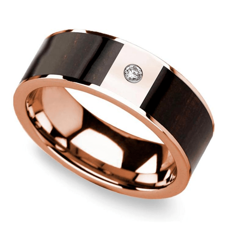 Ebony Wood Inlaid Men’s Wedding Ring In Rose Gold With Diamond Center