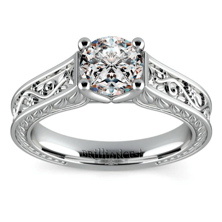 Antique Floral Solitaire Engagement Ring In White Gold