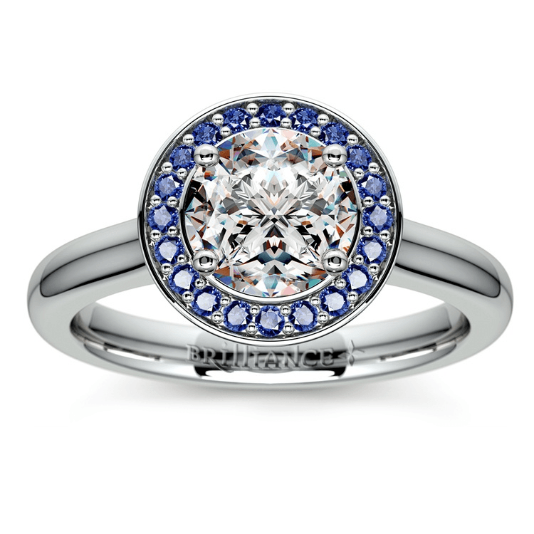 Halo Sapphire Gemstone Engagement Ring In White Gold